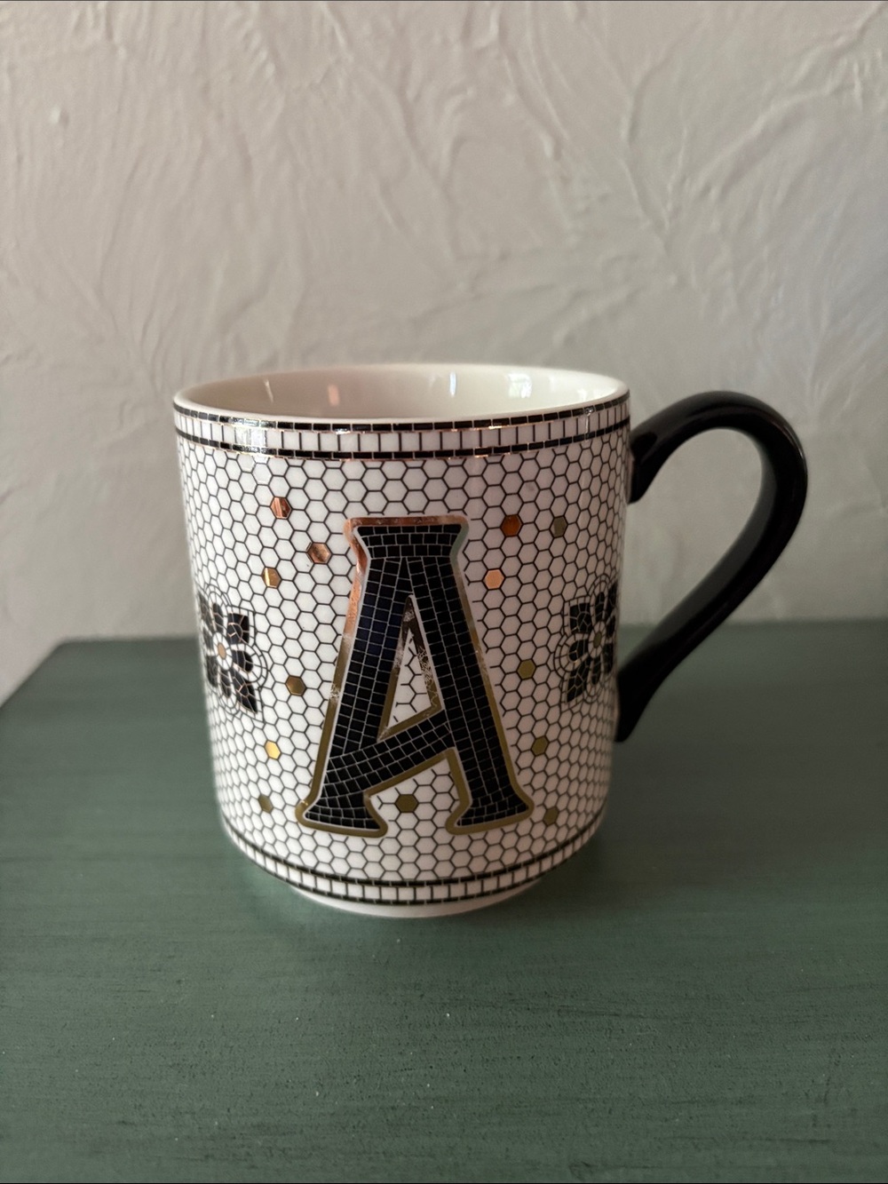 Anthropologie White Mosaic 'A' Monogram Mug with Black Handle and Gold Dots